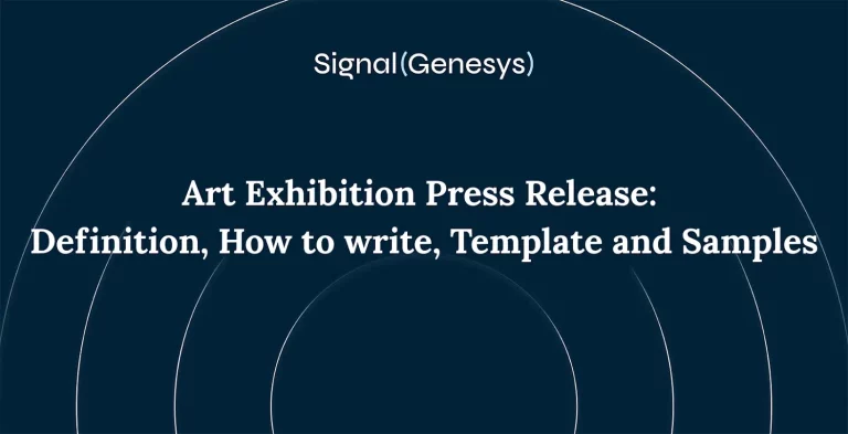 Dark blue graphic with white text reads: "Art Exhibition Press Release: Definition, How to write, Template and Samples" under the heading "Signal(Genesys)".